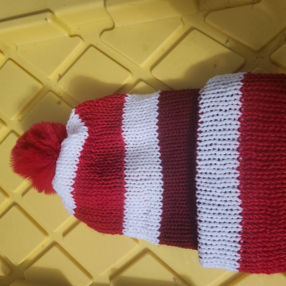 New! Hand Knitted Red and White Striped Pom-Pom Beanie
